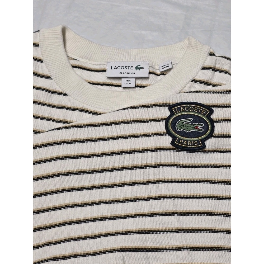 Lacoste Sweater Mens XL White Black Stripes Big Croc Logo Crewneck Pullover Knit